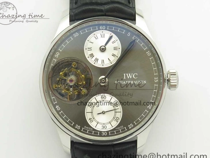 MIROTIME 0714 Popular Portuguese Flying Tourbillon SS Gray Dial 2 Sub Dials on Black Leather Strap 7159